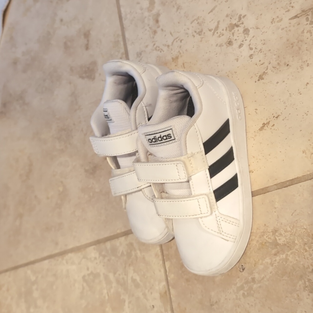 Adidas toddler sneakers, white with black stripes, size 9